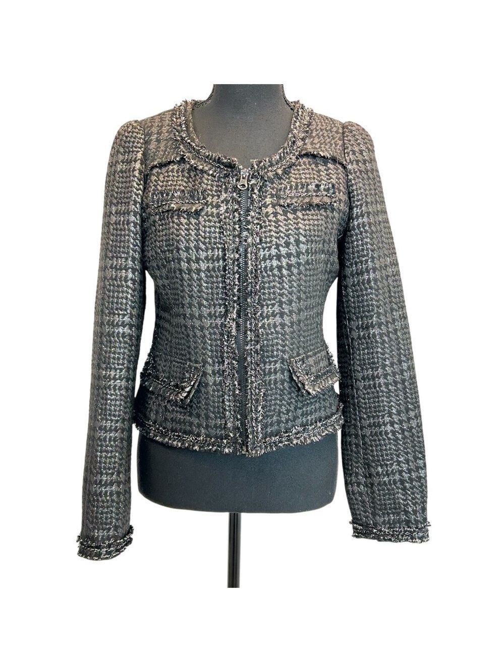 Zara gray black metallic tweed blazer jacket full zip chain link trim classy S